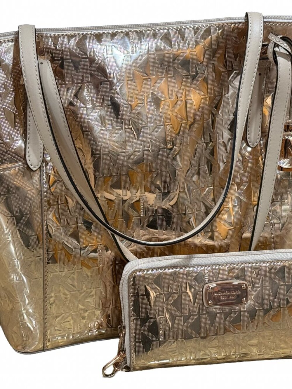 NWT Michael Kors Jet Set Tote Wallet Set Metallic Rose Gold Monogram 2 Piece